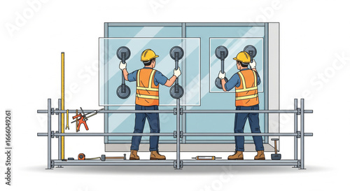Two construction workers carefully install a large glass panel into a modern building facade using suction cups.