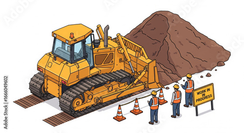 A yellow bulldozer pushing a pile of dirt, with workers and warning signs.