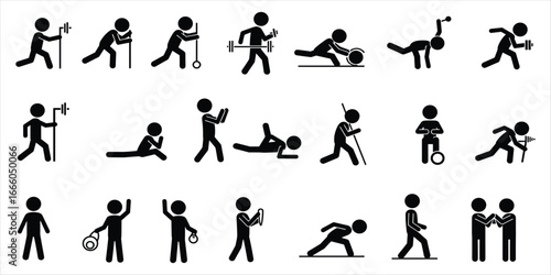 Stick figure fitness and exercise icons with various activities and equipment workout health