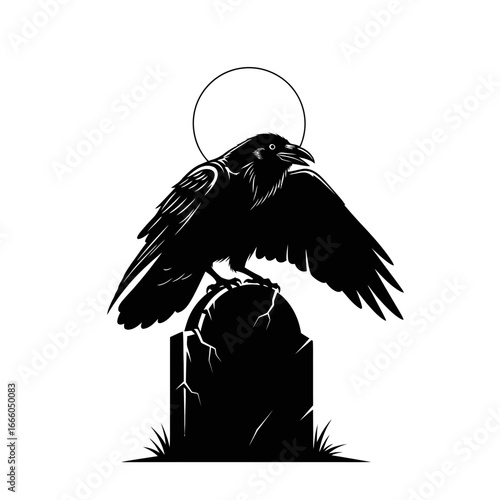 A detailed illustration of a black raven perched atop a tombstone under a full moon.