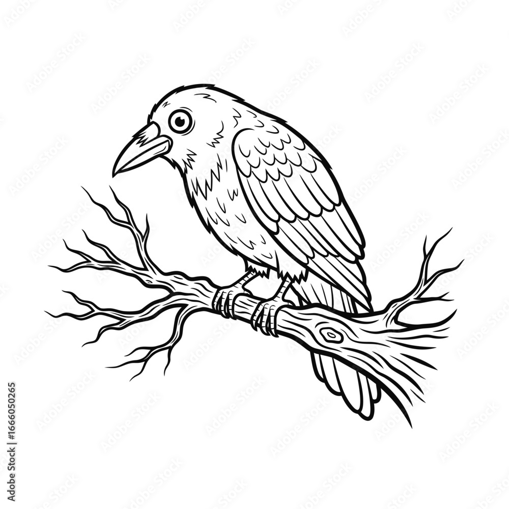 Obraz premium A detailed black and white illustration of a crow perched on a bare tree branch.