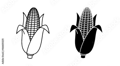 Single vector icon of a corn cob with husk |  Includes a thin line art version next to a matching silhouette version. Minimal, clean, monochrome, isolated on white background, flat vector style