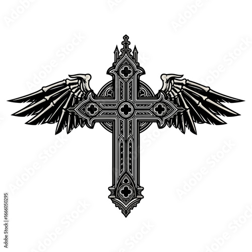 Intricate gothic cross design featuring detailed wings, a symbol of faith and devotion.