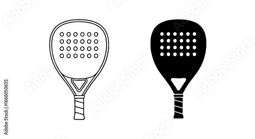 Single vector icon of a padel racket with perforated holes | Includes a thin line art version next to a matching silhouette version. Minimal, clean, monochrome, isolated on white background