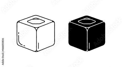 Single vector icon of a cube of billiard chalk | Includes a thin line art version next to a matching silhouette version. Minimal, clean, monochrome, isolated on white background, flat vector style