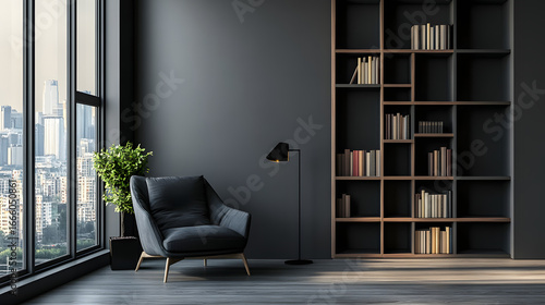 Modern interior design of a living room with bookshelves and chairs against a gray wall background. Interior background illustration.