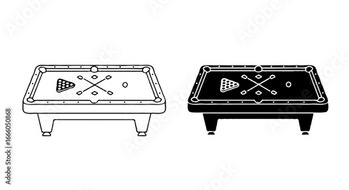 Single vector icon of a billiard pool table | Includes a thin line art version next to a matching silhouette version. Minimal, clean, monochrome, isolated on white background, flat vector style