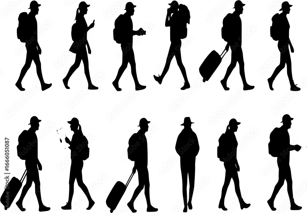 Fototapeta premium Traveling tourist, male and female activity silhouette. Good use for symbol, logo, web icon, game elements, mascot, or any design you want. Easy to use