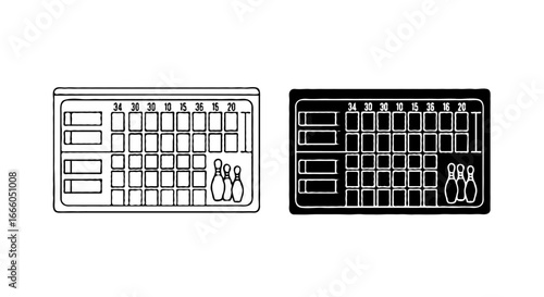 Single vector icon of a bowling scoreboard |  Includes a thin line art version next to a matching silhouette version. Minimal, clean, monochrome, isolated on white background, flat vector style