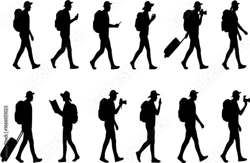Traveling tourist, male and female activity silhouette. Good use for symbol, logo, web icon, game elements, mascot, or any design you want. Easy to use