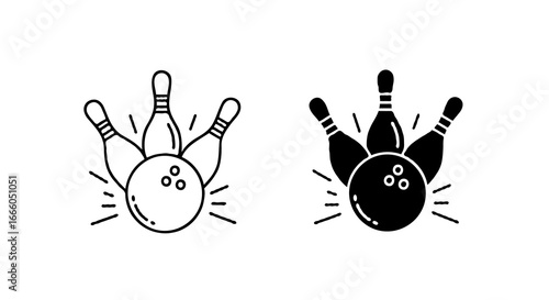 Single vector icon of a bowling ball hitting three pins | Includes a thin line art version next to a matching silhouette version. Minimal, clean, monochrome, isolated on white background, flat vector