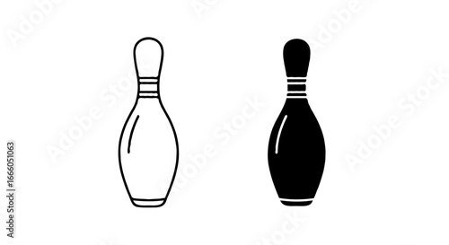 Single vector icon of a bowling pin | Includes a thin line art version next to a matching silhouette version. Minimal, clean, monochrome, isolated on white background, flat vector style