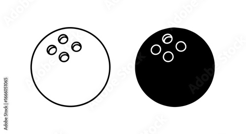 Single vector icon of a bowling ball with three finger holes | Includes a thin line art version next to a matching silhouette version. Minimal, clean, monochrome, isolated on white background