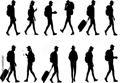 Traveling tourist, male and female activity silhouette. Good use for symbol, logo, web icon, game elements, mascot, or any design you want. Easy to use