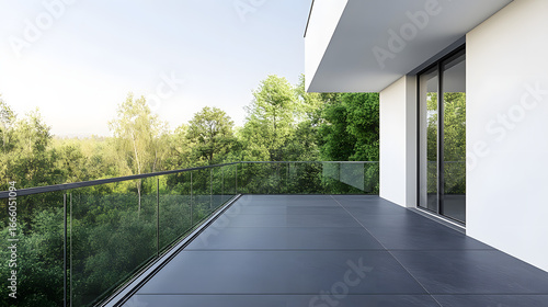A modern home balcony with a glass railing and green trees and a forest view. Illustration of a home's exterior design.