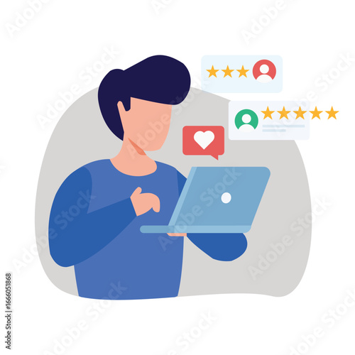 A person is looking at reviews on their laptop. The product is great, customer-friendly, has a five-star rating, and the customers are enthusiastic.