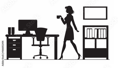 Silhouette of woman walking with coffee in office with desk computer and bookcase in black and white