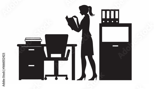 Silhouette of a woman standing and reading a book in an office setting with desk and filing cabinet