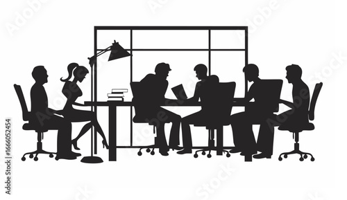 Silhouette illustration of a business meeting with people around a table in a conference room setting