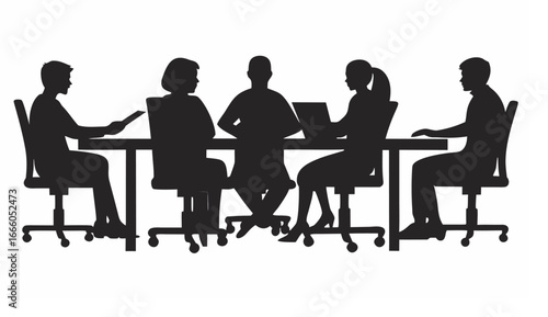 Silhouette illustration of five people sitting around a table in a meeting or conference setting
