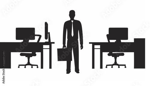 Silhouette of a businessman standing in an office space between two desks with computers and chairs