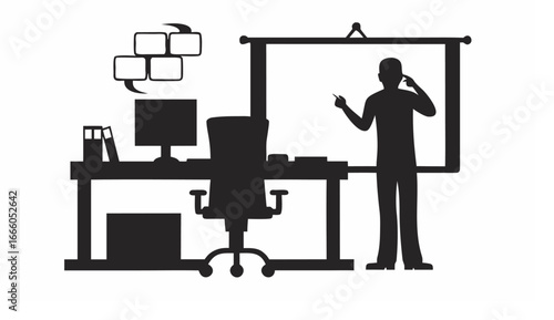 Silhouette of a man presenting near a whiteboard in an office with desk and computer setup in monochrome