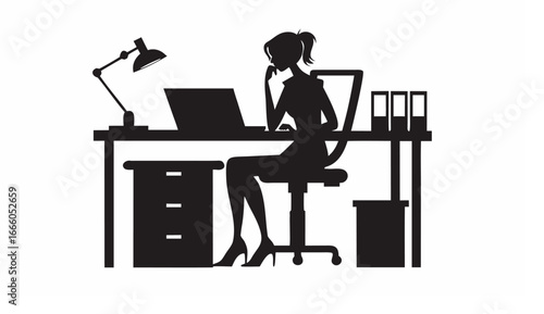 Silhouette of a woman sitting at a desk with a laptop lamp and office supplies in a monochrome style