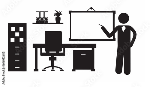 Illustration of a businessman presenting at a whiteboard in an office setting with desk and shelves silhouette