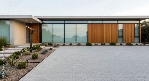 Modern house exterior, spacious driveway, landscaping