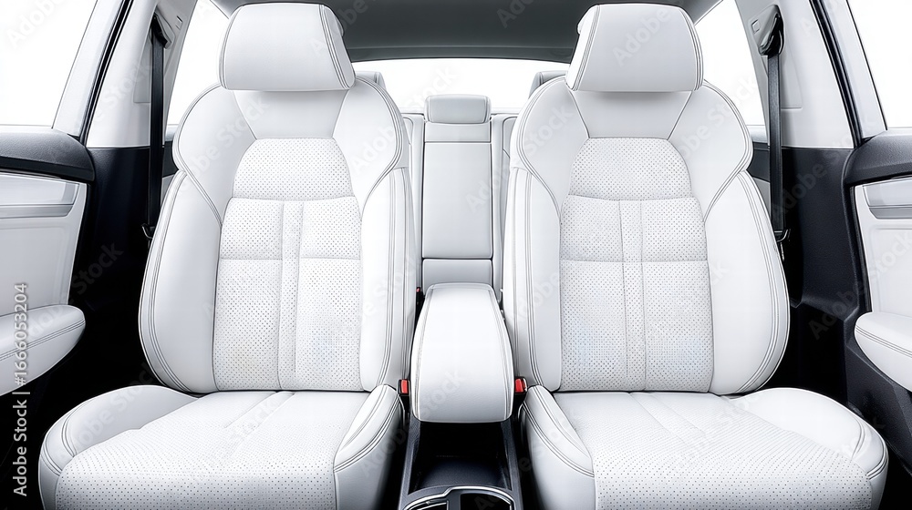 Fototapeta premium Elegant white leather car seats, offering a luxurious and comfortable interior design.