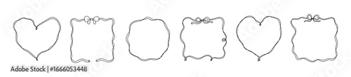 Set of elegant whimsical hand drawn frames with wavy squiggle curly ribbon and bow in trendy, vintage retro styles. Perfect for wedding, birthday or party invitations or greeting card decor