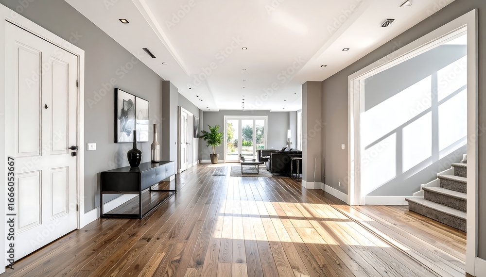 Fototapeta premium Sunlit Hallway in Modern Home with Gray Walls and Hardwood Floors