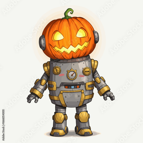A robotic character with a glowing jack-o'-lantern head, blending Halloween charm with mechanical design.