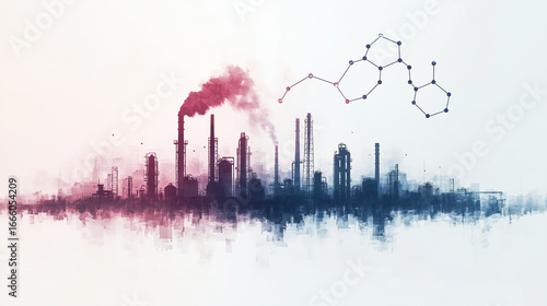 Industrial skyline with red smoke emissions, symbolizing environmental damage, industrial impact, and air pollution problems
