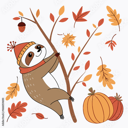 Whimsical Lazy sloth feeling Bashful in a Autumn setting with with a tiny crown – colored in Autumn Leaves