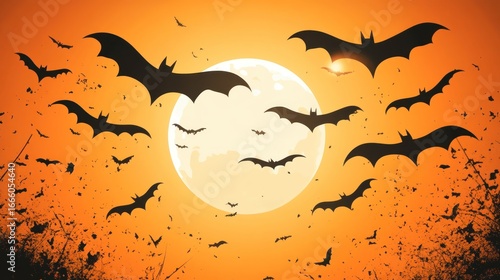 Spooky halloween night with bats flying in front of a full moon on orange sky