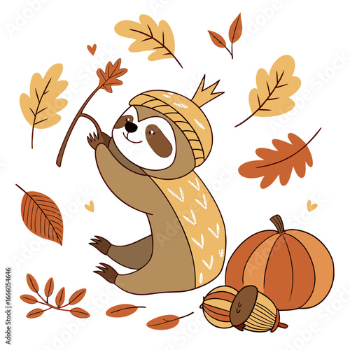 Whimsical Lazy sloth feeling Bashful in a Autumn setting with with a tiny crown – colored in Autumn Leaves