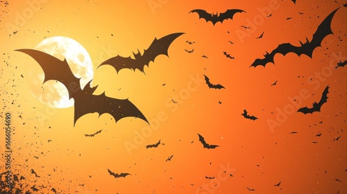 Spooky halloween night background with bats flying in front of a full moon