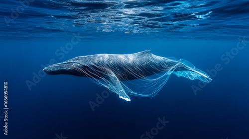 Wallpaper Mural Whale caught in nets. Dirty ocean shore. Ecological problem, plastic trash. Say no to plastic. Single-use plastic waste Torontodigital.ca