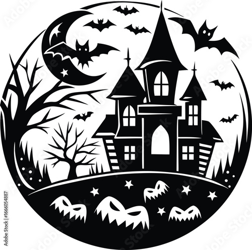 Halloween, vector illustration vector art of a spooky haunted house silhouette with bats flying around a full moon, perfect for halloween themed designs