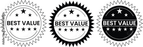 Best Value Starburst Badges in Black and White – Monochrome Circular Labels with Stars for Pricing and Promotion