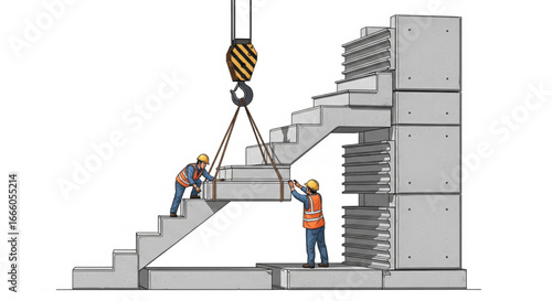 Construction workers carefully position a precast concrete stair section with a crane for a new building.