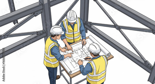 Construction engineers reviewing blueprints amidst steel framework.
