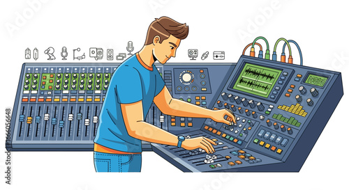 Young male sound engineer in a blue shirt working at a large, detailed audio mixing console, adjusting levels.