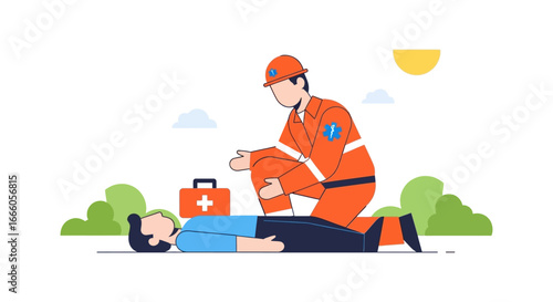 A first responder in an orange uniform and helmet provides emergency medical aid to an unconscious person lying on the ground.