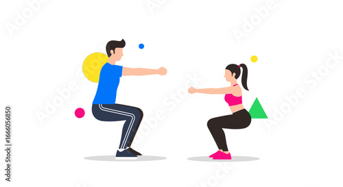 A fit man and woman in colorful sportswear doing squat exercises, a flat vector illustration.