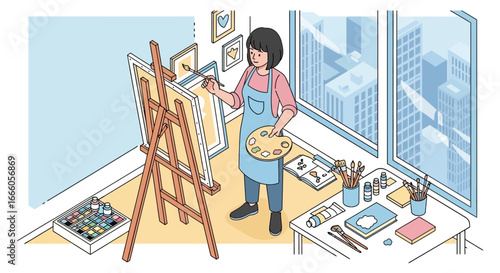 A focused female artist with short black hair, wearing a blue apron and painting on a canvas with a brush and palette.