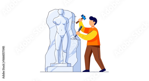 A male artist with a hammer and chisel sculpting a classical human figure from a large block of white stone.