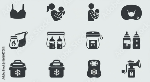 Breastfeeding icons set mother and baby, milk storage, bottles, cooler, pump