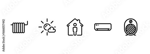 Set of line icons for home heating, cooling, and climate control